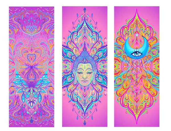 Yoga card, flyer, poster, mat design. Colorful template for spiritual retreat or yoga studio. Ornamental cards, oriental. Vector illustration — Stock vektor