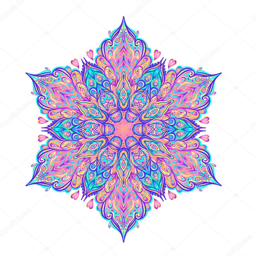 Vector ornamental Lotus floral design, ethnic art, patterned Indian paisley. Hand drawn illustration. Invitation element. Tattoo, astrology, alchemy, boho and magic symbol.