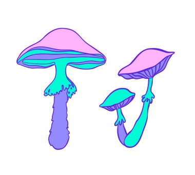 Sihirli mantarlar. Psikedelik halüsinasyon. Canlı vektör çizimi. 60 'ların hippi renkli sanatı pembe pastel gotik renklerle bembeyaz..