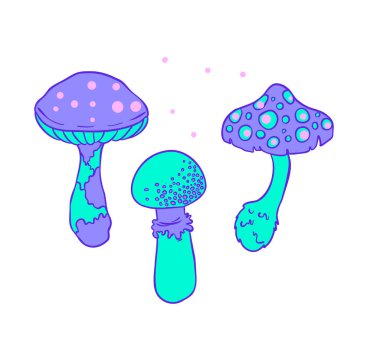 Sihirli mantarlar. Psikedelik halüsinasyon. Canlı vektör çizimi. 60 'ların hippi renkli sanatı pembe pastel gotik renklerle bembeyaz..