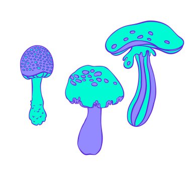 Sihirli mantarlar. Psikedelik halüsinasyon. Canlı vektör çizimi. 60 'ların hippi renkli sanatı pembe pastel gotik renklerle bembeyaz..