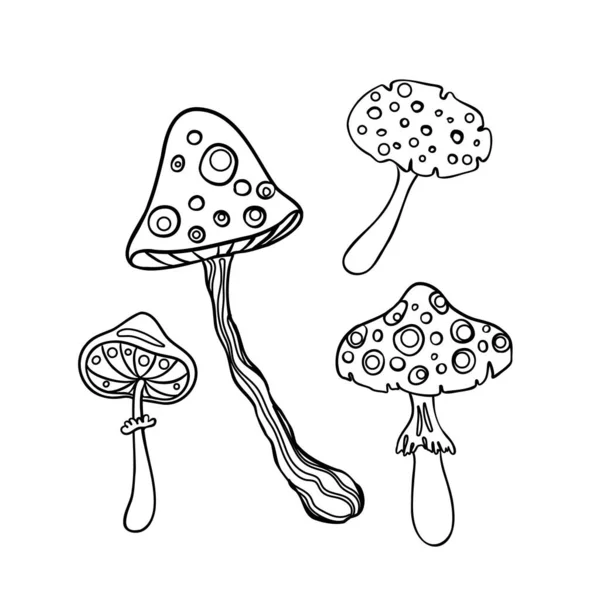 Funghi magici. Allucinazioni psichedeliche. Illustrazione vettoriale di contorno isolata su bianco. Libro da colorare per bambini e adulti. — Vettoriale Stock