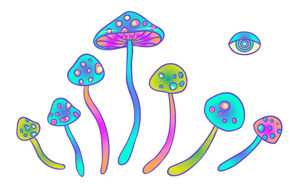 Funghi magici. Allucinazioni psichedeliche. Vibrante illustrazione vettoriale. 60 hippie arte colorata in rosa pastello colori goth isolati su bianco . — Vettoriale Stock