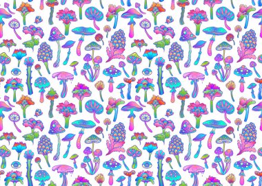 Renkli çiçekler ve mantarlar dikişsiz desenli, retro 60 'lar, 70' ler hippi tarzı arka plan. Klasik saykodelik tekstil, kumaş, ambalaj kağıdı, duvar kağıdı. Gösterimi yineleyen vektör.