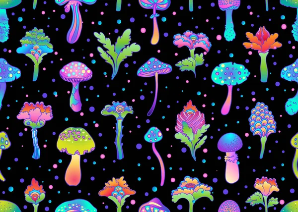 Kleurrijke bloemen en champignons naadloos patroon, retro jaren 60, 70s hippie stijl achtergrond. Vintage psychedelische textiel, stof, verpakking, behang. Vector herhaalt illustratie. — Stockvector