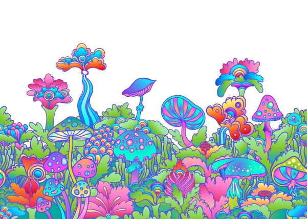 Kleurrijke bloemen en champignons patroon, retro jaren 60, jaren 70 hippie stijl achtergrond. Vintage psychedelische textiel, stof, behang. Vectorillustratie. — Stockvector