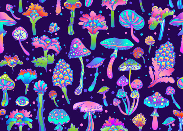 Colorful flowersl and mushrooms seamless pattern, retro 60s, 70s hippie style background. Vintage psychedelic textile, fabric, wrapping, wallpaper. Vector repeating illustration.