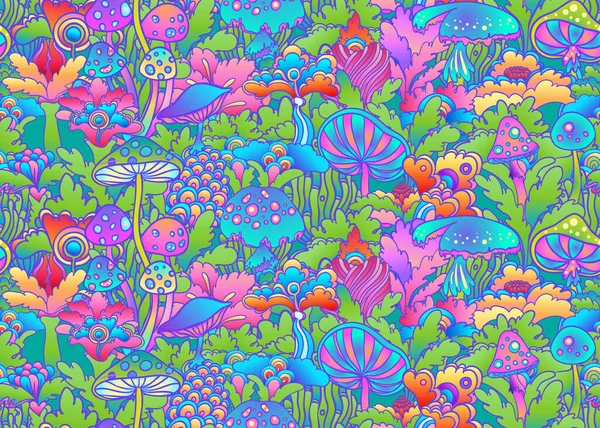 Красочные цветы и грибы бесшовный узор, ретро 60-х годов, хиппи стиле 70-х годов. Винтажный психоделический текстиль, ткань, обертка, обои. Векторная повторяющаяся иллюстрация. — стоковый вектор