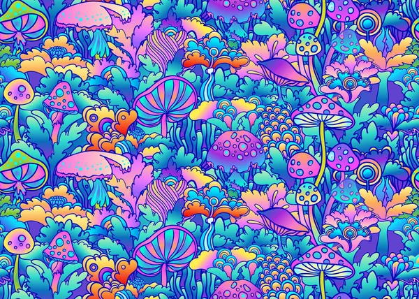 Colorful flowersl and mushrooms seamless pattern, retro 60s, 70s hippie style background. Vintage psychedelic textile, fabric, wrapping, wallpaper. Vector repeating illustration. — Stock Vector