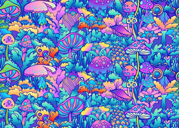 Kleurrijke bloemen en champignons naadloos patroon, retro jaren 60, 70s hippie stijl achtergrond. Vintage psychedelische textiel, stof, verpakking, behang. Vector herhaalt illustratie. — Stockvector