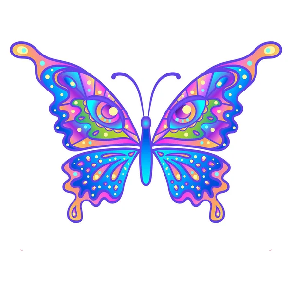 Mariposa dibujada a mano en colores brillantes de neón. Diseño de dibujo Han para impresión de camiseta o tatuaje. Aislado en la ilustración del vector blanco. — Vector de stock