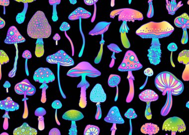 Sihirli mantarlar dikişsiz desen. Psikedelik halüsinasyon. 60 'ların hippi sanatı. Klasik psikedelik kumaş, ambalaj kağıdı, duvar kağıdı. Gösterimi yineleyen vektör.