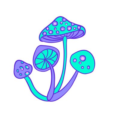 Sihirli mantarlar. Psikedelik halüsinasyon. Canlı vektör çizimi. 60 'ların hippi renkli sanatı pembe pastel gotik renklerle bembeyaz..