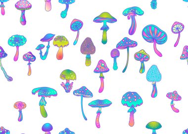 Sihirli mantarlar dikişsiz desen. Psikedelik halüsinasyon. 60 'ların hippi sanatı. Klasik psikedelik kumaş, ambalaj kağıdı, duvar kağıdı. Gösterimi yineleyen vektör.