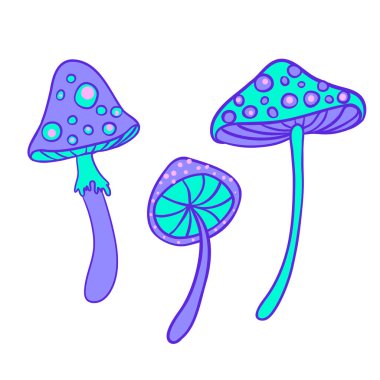 Sihirli mantarlar. Psikedelik halüsinasyon. Canlı vektör çizimi. 60 'ların hippi renkli sanatı pembe pastel gotik renklerle bembeyaz..