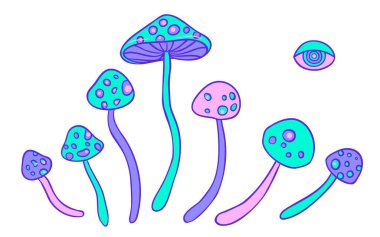 Sihirli mantarlar. Psikedelik halüsinasyon. Canlı vektör çizimi. 60 'ların hippi renkli sanatı pembe pastel gotik renklerle bembeyaz..