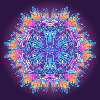 Sihirli mantar mandala. Psikedelik halüsinasyon. Canlı vektör çizimi. 60 'ların renkli hippi sanatı.