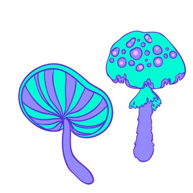 Sihirli mantarlar. Psikedelik halüsinasyon. Canlı vektör çizimi. 60 'ların hippi renkli sanatı pembe pastel gotik renklerle bembeyaz..