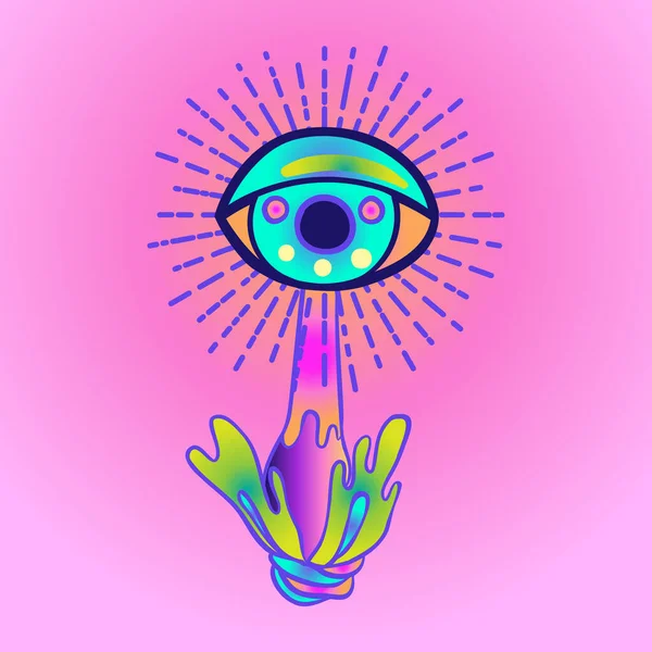 Magische paddenstoelen. Psychedelische hallucinatie. Levendige vectorillustratie. jaren '60 hippie kleurrijke kunst in roze pastel goth kleuren geïsoleerd op wit. — Stockvector