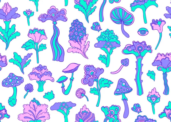 Bloemen en paddenstoelen kleurrijke naadloze patroon, retro jaren 60, jaren 70 hippie stijl achtergrond. Vintage psychedelische textiel, stof, verpakking, behang. Vector herhaalt illustratie. — Stockvector