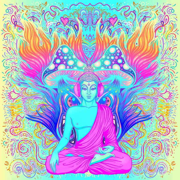 Zittend Boeddha over kleurrijke neon achtergrond. Vector illustratie. Psychedelische paddenstoelsamenstelling. Indiaas, Boeddhisme, Spirituele Tattoo, yoga, spiritualiteit. — Stockvector