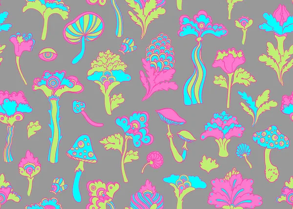 花やキノコのカラフルなシームレスなパターン、レトロな60年代、 70年代のヒッピースタイルの背景。ヴィンテージサイケデリックなテキスタイル、ファブリック、ラッピング、壁紙。ベクトル繰り返しイラスト. — ストックベクタ