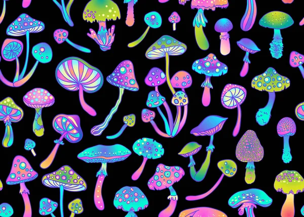Magiska svampar sömlösa mönster. Psykedeliska hallucinationer. Hippiekonst från 60-talet. Vintage psykedelisk tyg, inslagning, tapeter. Vektor upprepande illustration. — Stock vektor