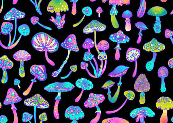 Magic mushrooms seamless pattern. Psychedelic hallucination. 60s hippie art. Vintage psychedelic fabric, wrapping, wallpaper. Vector repeating illustration.