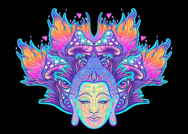 Сидящий Будда на цветном неоновом фоне. Векторная иллюстрация. Психоделическая грибная композиция. Индийский, буддизм, духовная татуировка, йога, духовность. — стоковый вектор