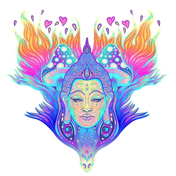 Duduk Buddha di atas warna-warni neon latar belakang. Vektor ilustrasi. Komposisi jamur psikedelik. India, Buddha, Tato Spiritual, yoga, spiritualitas. - Stok Vektor