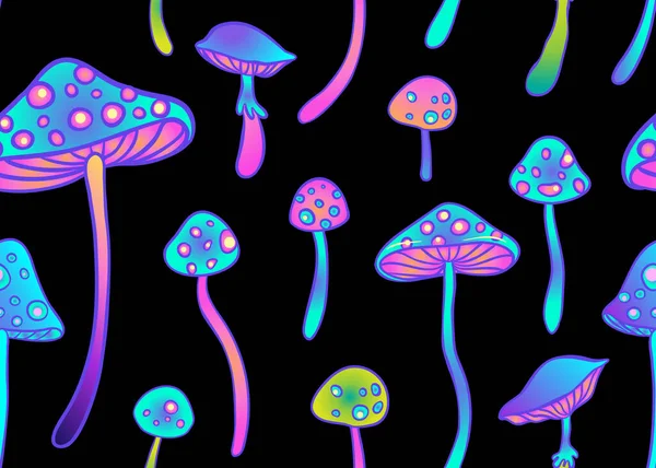 Magiska svampar sömlösa mönster. Psykedeliska hallucinationer. Hippiekonst från 60-talet. Vintage psykedelisk tyg, inslagning, tapeter. Vektor upprepande illustration. — Stock vektor