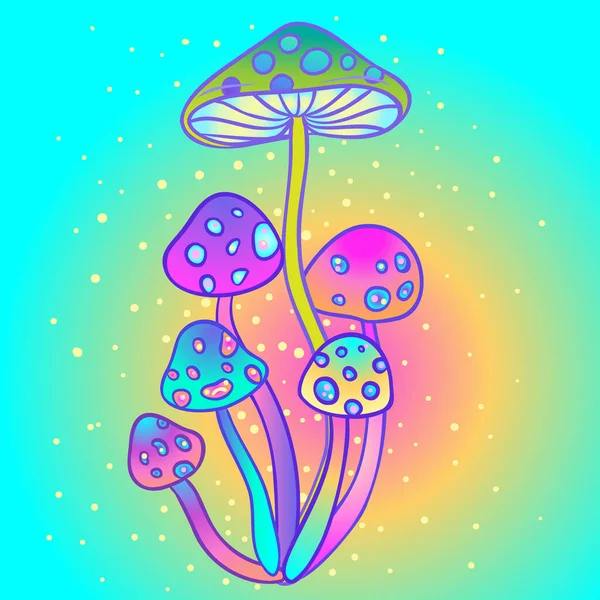 Magiska svampar. Psykedeliska hallucinationer. Vibrerande vektorillustration. 60-talets hippie färgstark konst i rosa pastell goth färger isolerad på vit. — Stock vektor