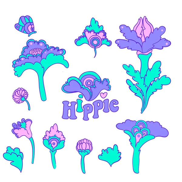 Kleurrijke bloem set, retro jaren '60, jaren' 70 hippie stijl. Vintage psychedelische vector design elementen. geïsoleerd op wit. — Stockvector