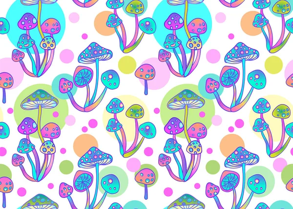 Cogumelos mágicos sem costura padrão. Alucinação psicadélica. Arte hippie dos anos 60. Vintage tecido psicodélico, embrulho, papel de parede. Ilustração de repetição do vetor. —  Vetores de Stock