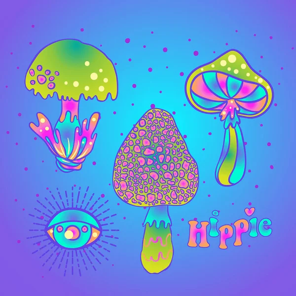 Setas mágicas. Alucinación psicodélica. Vibrante ilustración vectorial. Arte colorido hippie de los años 60 en colores góticos pastel rosados aislados en blanco . — Vector de stock