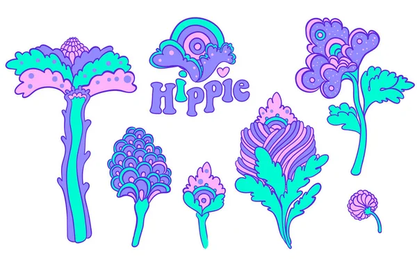 Conjunto de flores coloridas, estilo hippie retro de los años 60 y 70. Elementos de diseño vectorial psicodélico vintage. Aislado sobre blanco. — Vector de stock