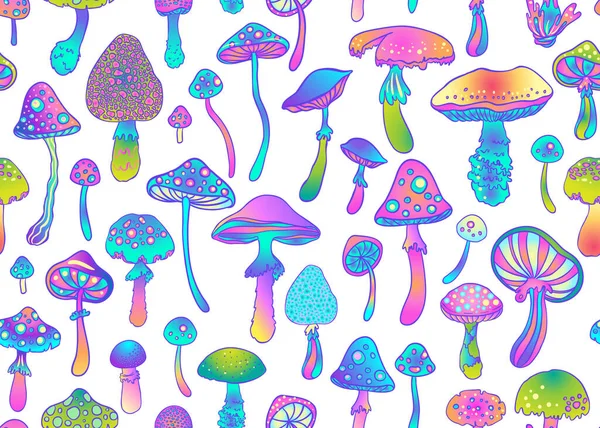 Magische champignons naadloos patroon. Psychedelische hallucinatie. Zestiger jaren hippie kunst. Vintage psychedelische stof, verpakking, behang. Vector herhaalt illustratie. — Stockvector