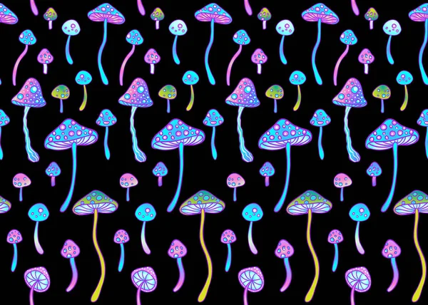 Patrón de hongos mágicos sin costura. Alucinación psicodélica. Arte hippie de los 60. Tejido psicodélico vintage, envoltura, papel pintado. Vector que repite la ilustración. — Vector de stock