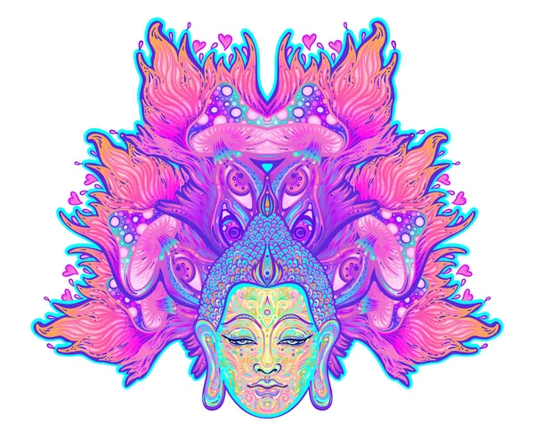 Duduk Buddha di atas warna-warni neon latar belakang. Vektor ilustrasi. Komposisi jamur psikedelik. India, Buddha, Tato Spiritual, yoga, spiritualitas. - Stok Vektor