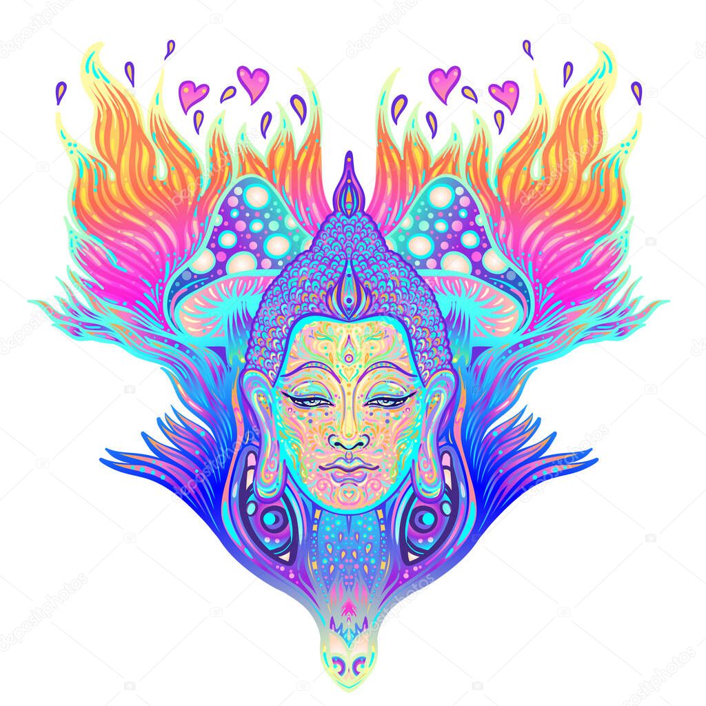 Sitting Buddha over colorful neon background. Vector illustration. Psychedelic mushroom composition. Indian, Buddhism, Spiritual Tattoo, yoga, spirituality.