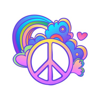 Dekoratif dekoratif arka planda barış sembolü. Beyaz arkaplanda izole edilmiş t-shirt baskısı için vektör illüstrasyonu.