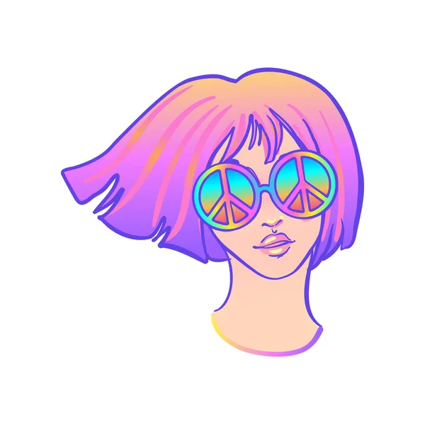 Chica hippie de moda en gafas de sol con signo de paz. Ilustración vectorial de Flower Child aislada en blanco. Arte de estilo boho chic. — Vector de stock