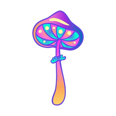 Sihirli mantarlar. Psikedelik halüsinasyon. Canlı vektör çizimi beyaza izole edildi. 60 'ların hippi renkli sanatı canlı asit renklerinde.