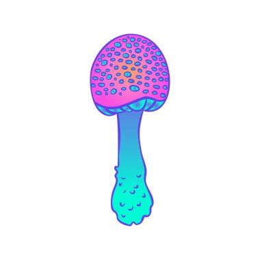 Sihirli mantarlar. Psikedelik halüsinasyon. Canlı vektör çizimi beyaza izole edildi. 60 'ların hippi renkli sanatı canlı asit renklerinde.