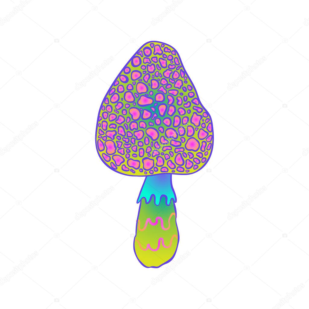 Magic mushrooms. Psychedelic hallucination. Vibrant vector illustration isolated on white. 60s hippie colorful art in vivid acid colors.