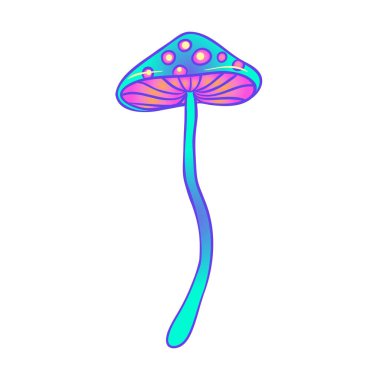 Sihirli mantarlar. Psikedelik halüsinasyon. Canlı vektör çizimi beyaza izole edildi. 60 'ların hippi renkli sanatı canlı asit renklerinde.