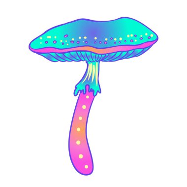 Sihirli mantarlar. Psikedelik halüsinasyon. Canlı vektör çizimi beyaza izole edildi. 60 'ların hippi renkli sanatı canlı asit renklerinde.