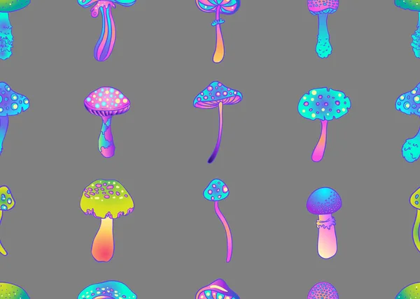 Magische champignons naadloos patroon. Zestiger jaren hippie kleurrijke kunst. Vintage psychedelische textiel, stof, verpakking, behang. Vector herhaalt illustratie. — Stockvector