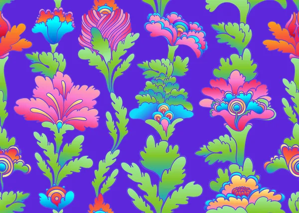 Květinové barevné bezešvé vzor, retro 60s, hippie styl pozadí. Klasický psychedelický textil, tkaniny, obaly, tapety. Vektorová ilustrace. — Stockový vektor