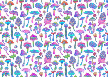 Renkli çiçekler ve mantarlar dikişsiz desenli, geçmişe dönük hippi tarzı arka plan. Klasik saykodelik tekstil, kumaş, ambalaj kağıdı, duvar kağıdı. Sihirli çiçek illüstrasyonunu tekrarlayan vektör.